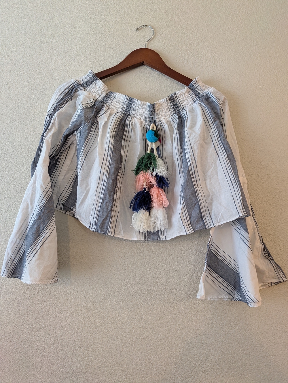 Anthropologie Lilka Striped Off-Shoulder Tassel Crop Top - White & Navy